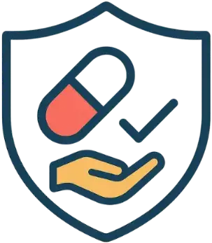 Shield icon with hand and checkmark representing ethical and verified medicine access