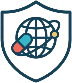 Shield icon with globe and location pins symbolizing international pharmaceutical access