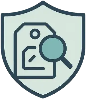 ●Shield icon with magnifying glass and dollar sign representing price clarity and inspection