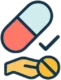 Capsule and checkmark icon above a hand labeled Erectile Dysfunction