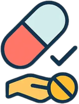Capsule and checkmark icon above a hand labeled Erectile Dysfunction