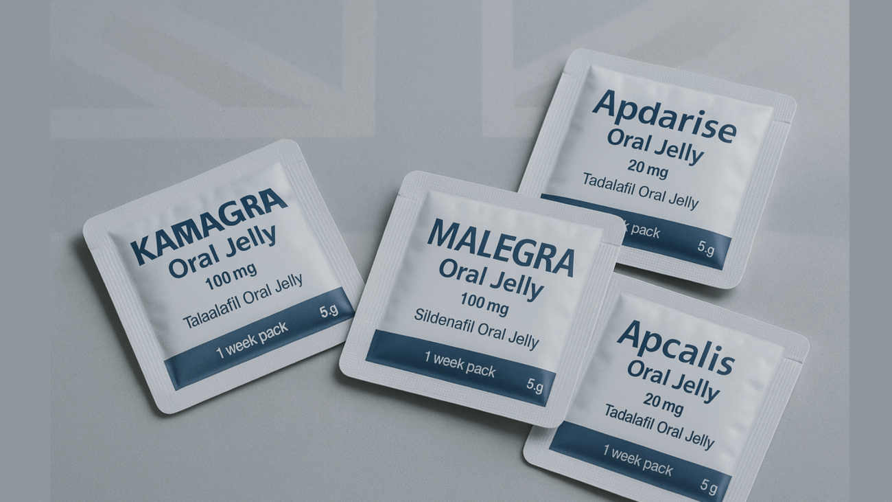 Erectile dysfunction gel sachets with UK flag overlay