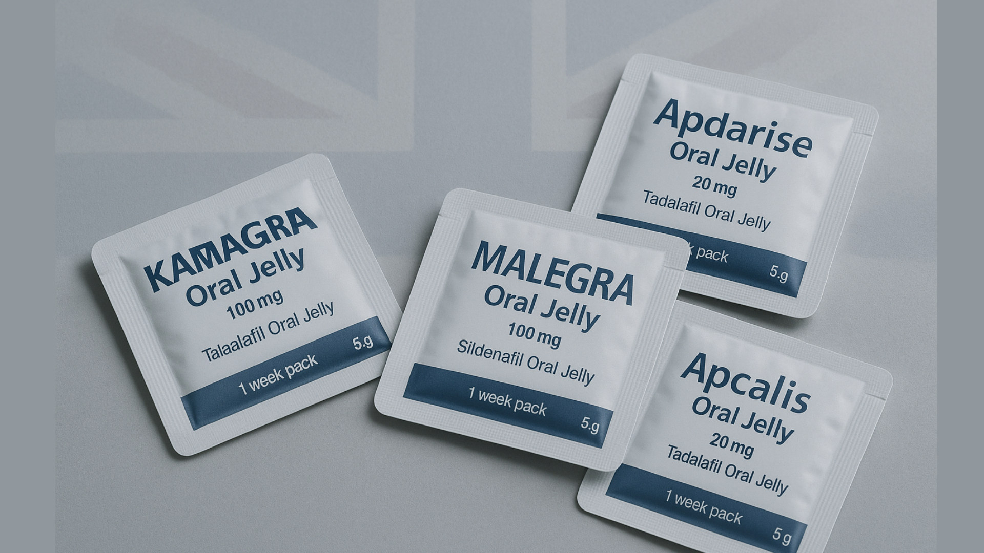 Erectile dysfunction gel sachets with UK flag overlay