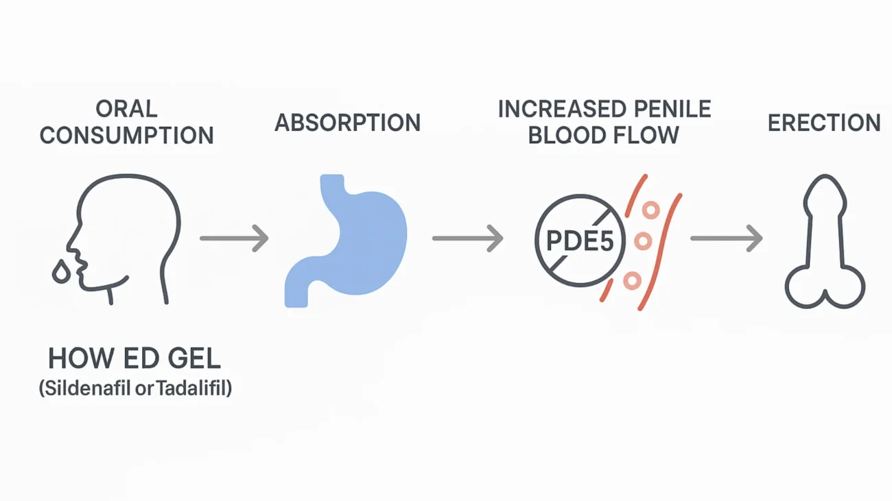 Erectile Dysfunction Gel: Illustration showing ED gel entering bloodstream and improving blood flow