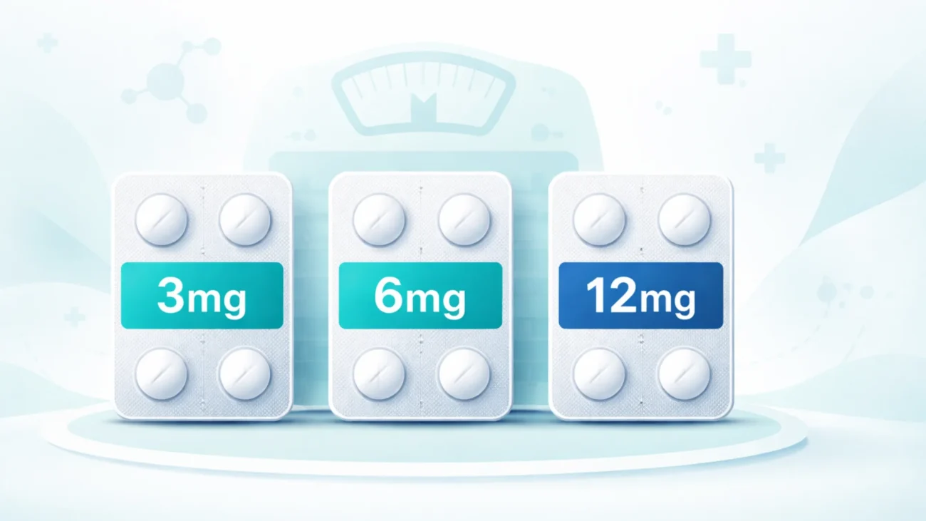 Illustration of ivermectin tablet blister packs labeled 3mg, 6mg, and 12mg, with a digital medical scale in the background